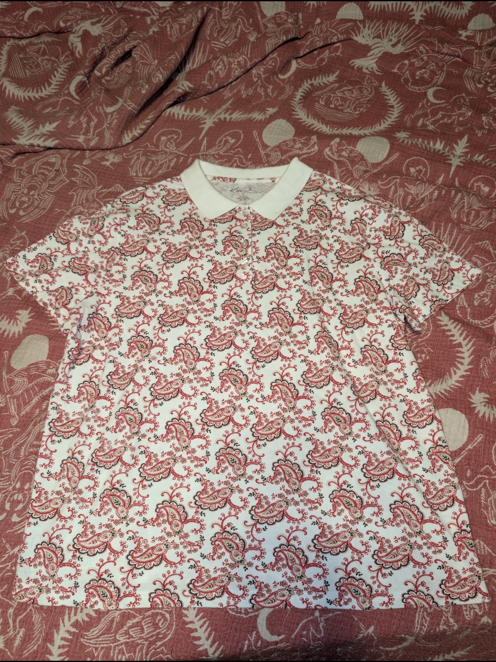 Kim Rogers White Polo with Red Paisley Print